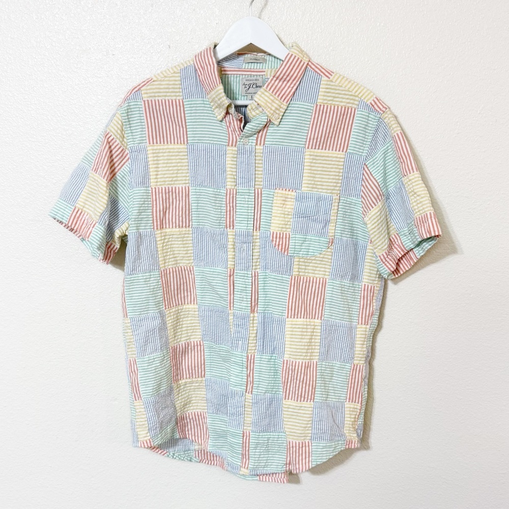 JCrew Madras Cotton Seeesucker Multicolor Mens Short Sleeve Button Up H4378